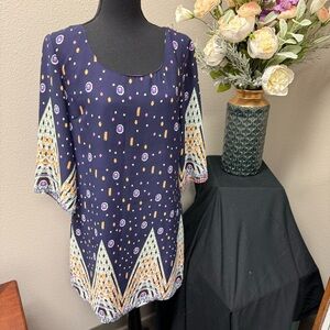 Umgee USA Boho Geometric Navy & White Tunic Top - Size L